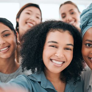 Teamwork selfie, business women and fun creative people for social media, contact us or about us co